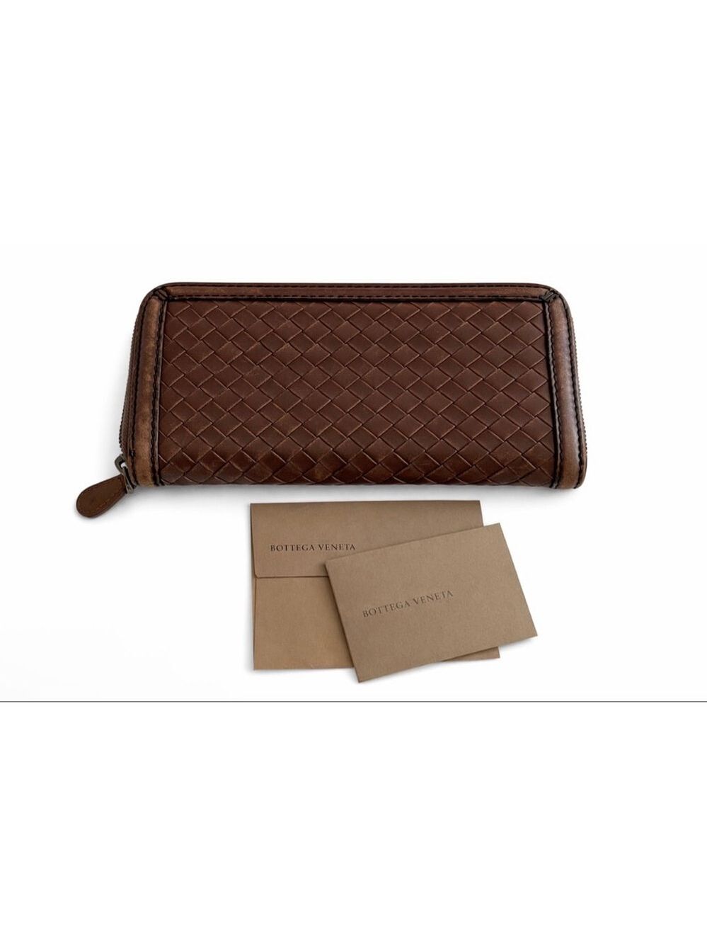 Women's Bottega Veneta Brown Intrecciato Leather Zip-Around Wallet One Size